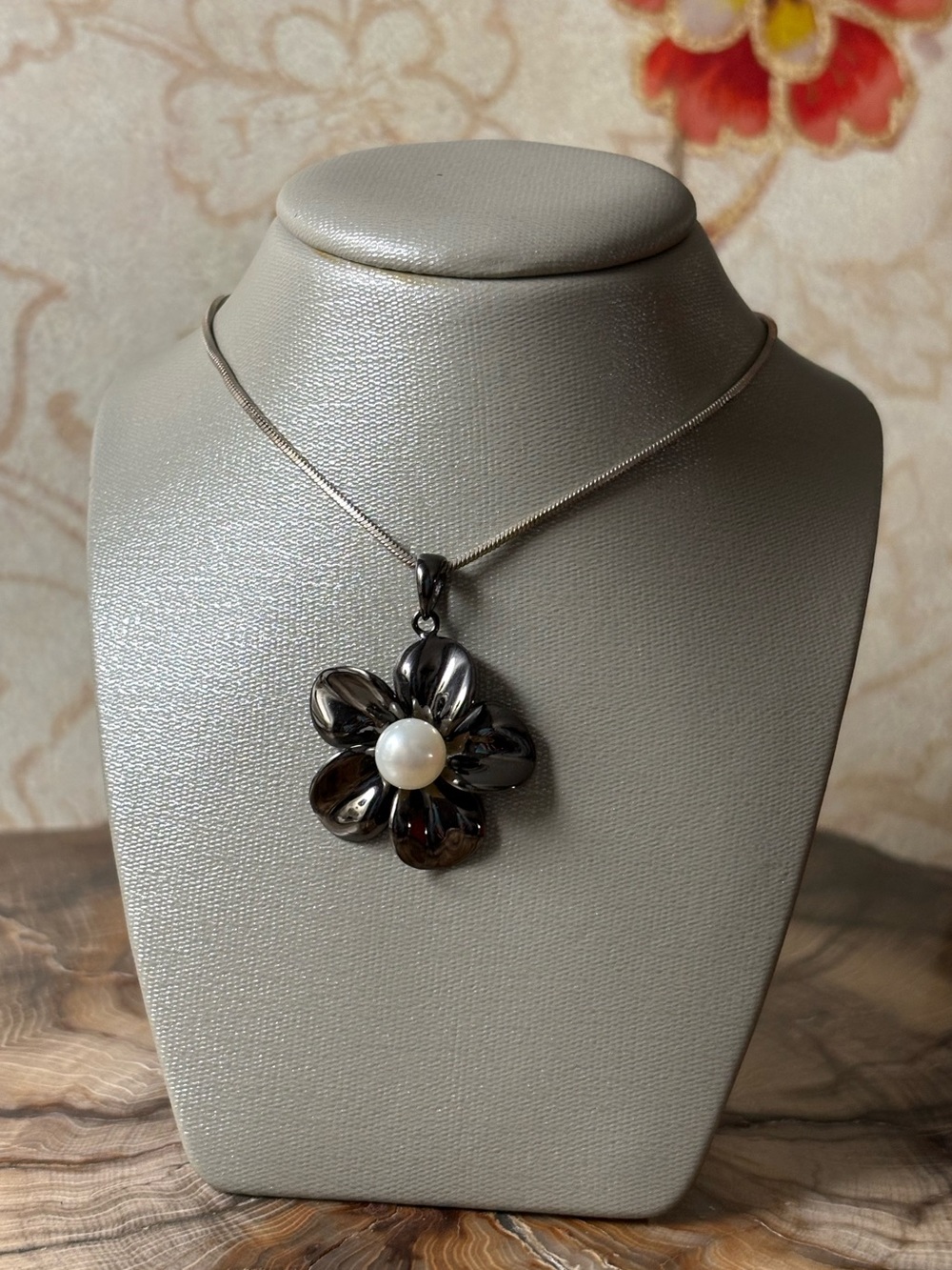 Plumeria Flower Black Coated Pendant with Pearl Center